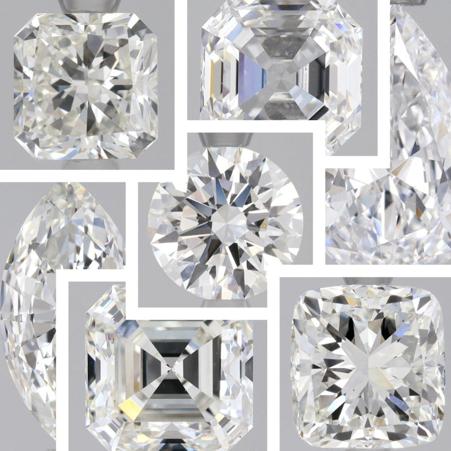 Variety of Loose, Refined Diamonds in various shapes such as round, cushion, radiant, oval, and marquise, that are ethically and sustainably sourced.