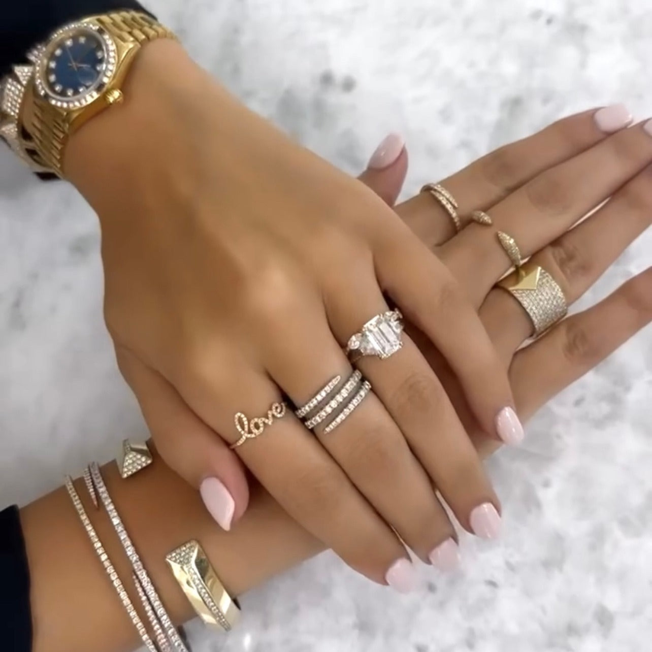 Variety of Diamond Fashion Rings and white and yellow gold diamond bracelets
