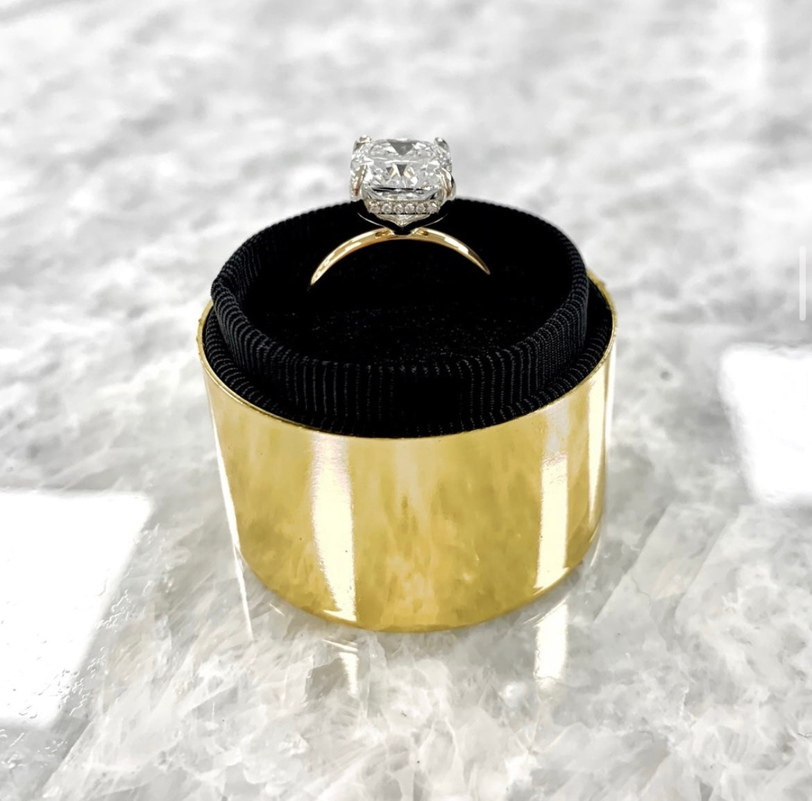 Large Engagement Ring with Hidden Halo Setting in Gold Jewelry Box