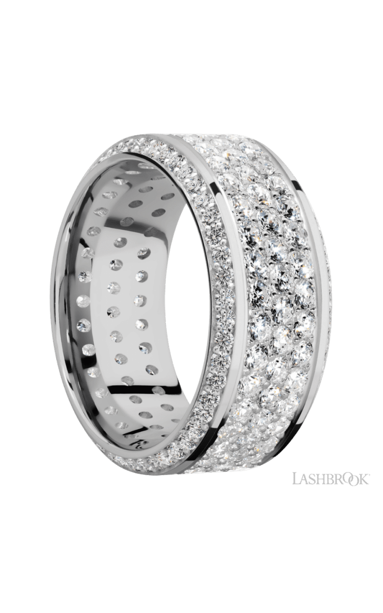 10 mm wide/High Bevel/14K White Gold band with a Bevel Eternity arrangement of .01 carat Round Diamond stones in a Bead setting and featuring a a 3 Row Eternity arrangement of .03 carat Round Diamond stones in a Bead Channel setting - Diamonds By Rothschild