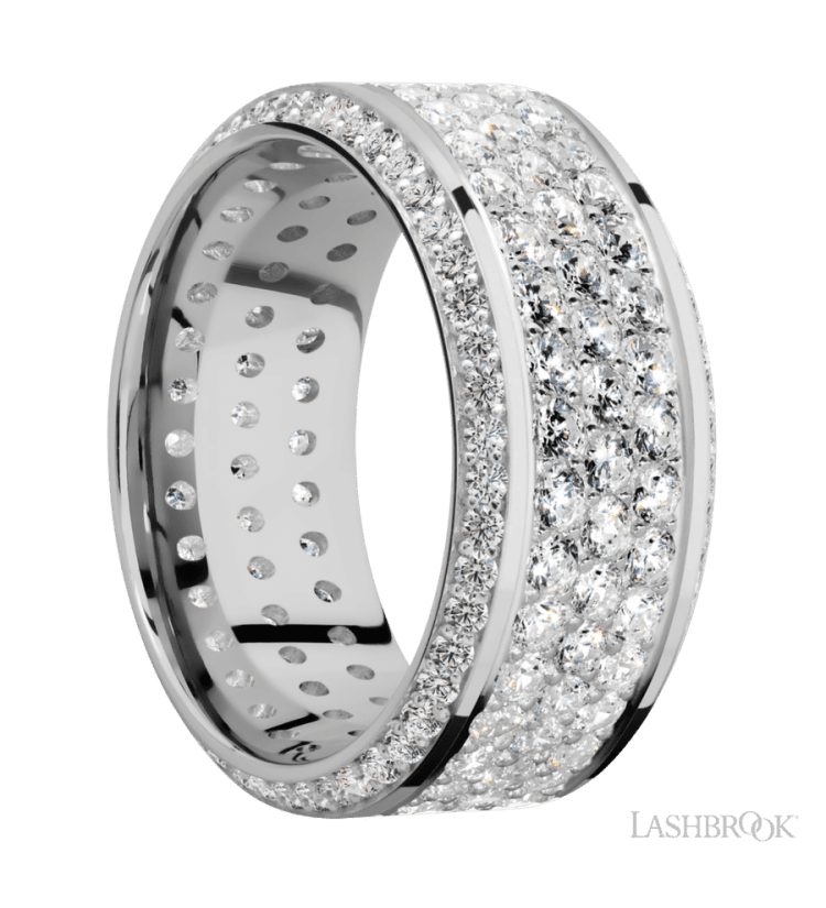 10 mm wide/High Bevel/14K White Gold band with a Bevel Eternity arrangement of .01 carat Round Diamond stones in a Bead setting and featuring a a 3 Row Eternity arrangement of .03 carat Round Diamond stones in a Bead Channel setting - Diamonds By Rothschild