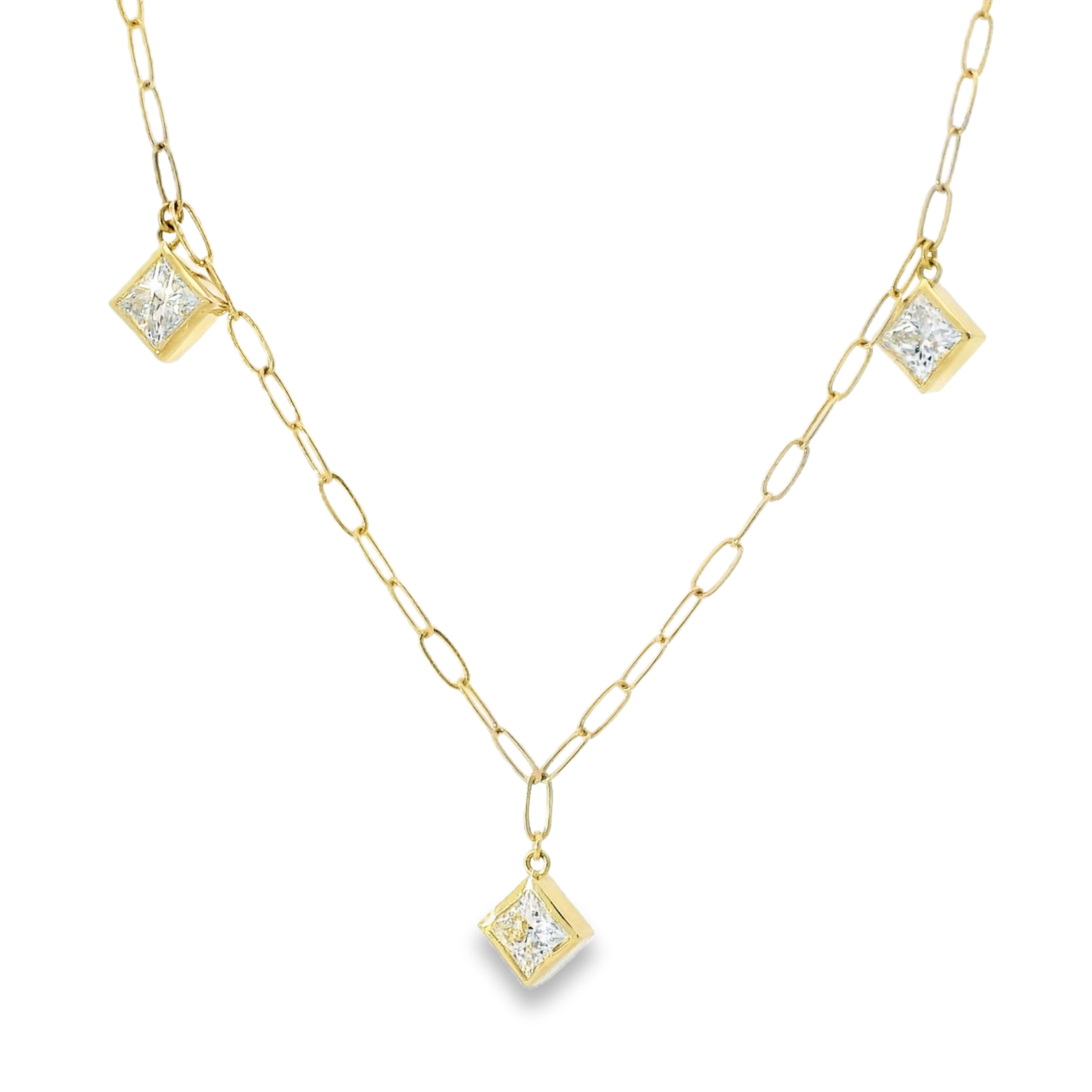14KY Paperclip Necklace with Bezel-set Princess Cut Diamonds 2.14ctw - Front View