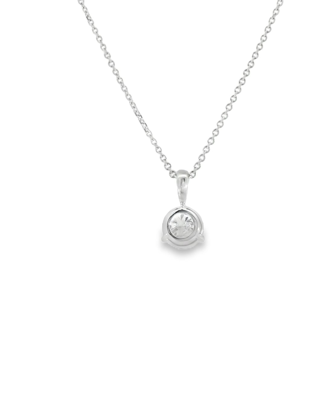 14kt white gold solitaire necklace with 1.01ct round diamond - back view