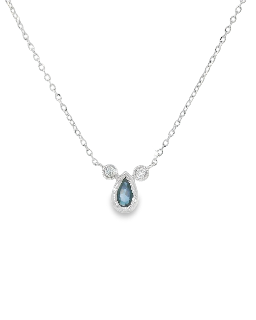 14KW Pear Shape Blue Sapphire and Diamond Necklace - Front View