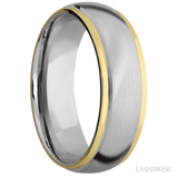 7 mm wide/Domed Stepped Down Edges/14K White Gold band with two 1 mm Edge inlays of 14K Yellow Gold.