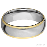 7 mm wide/Domed Stepped Down Edges/14K White Gold band with two 1 mm Edge inlays of 14K Yellow Gold.