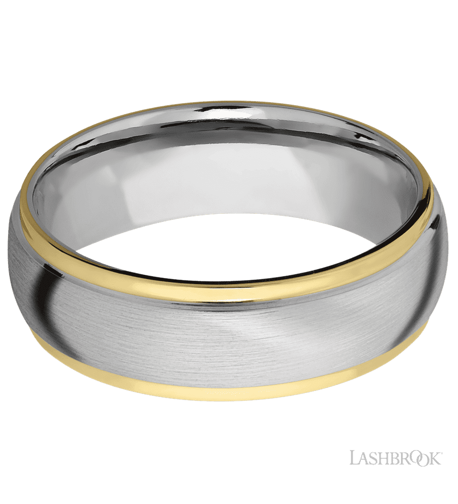 7 mm wide/Domed Stepped Down Edges/14K White Gold band with two 1 mm Edge inlays of 14K Yellow Gold.