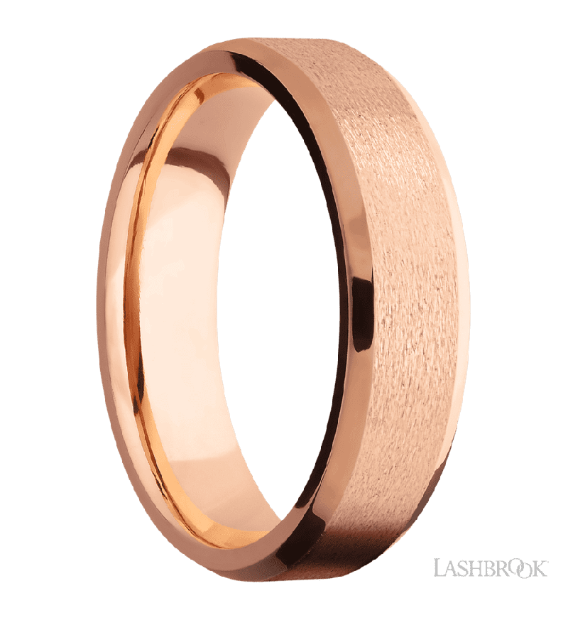 6 mm wide Beveled 14K Rose Gold band.