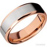 7 mm wide/Beveled/14K Rose Gold band with one 5 mm Centered inlay of 14K White Gold.