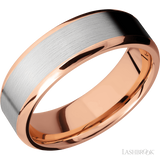 7 mm wide/Beveled/14K Rose Gold band with one 5 mm Centered inlay of 14K White Gold.