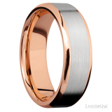 7 mm wide/Beveled/14K Rose Gold band with one 5 mm Centered inlay of 14K White Gold.