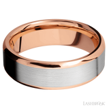 7 mm wide/Beveled/14K Rose Gold band with one 5 mm Centered inlay of 14K White Gold.