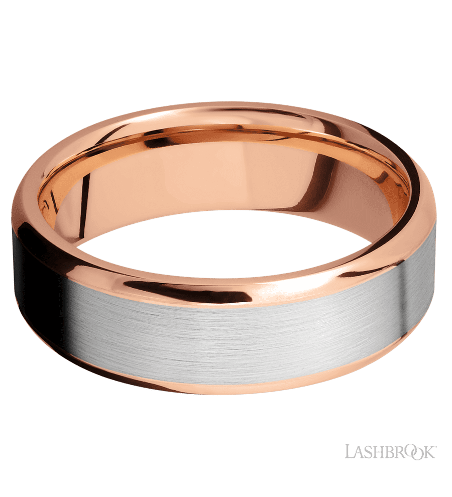 7 mm wide/Beveled/14K Rose Gold band with one 5 mm Centered inlay of 14K White Gold.