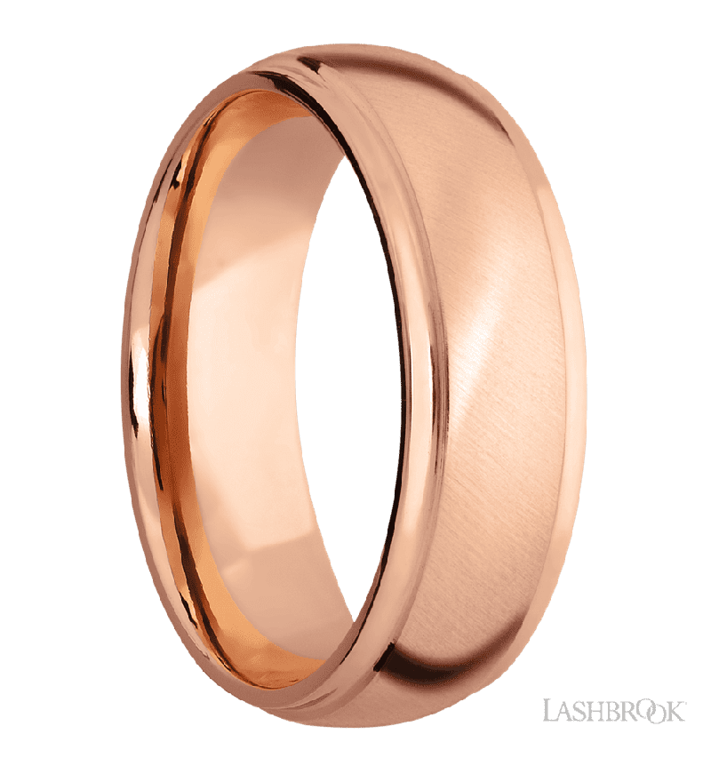 7 mm wide Domed Stepped Down Edges 14K Rose Gold band.