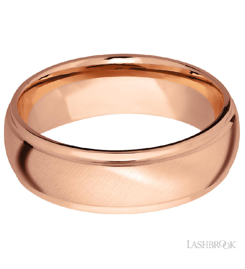 7 mm wide Domed Stepped Down Edges 14K Rose Gold band.
