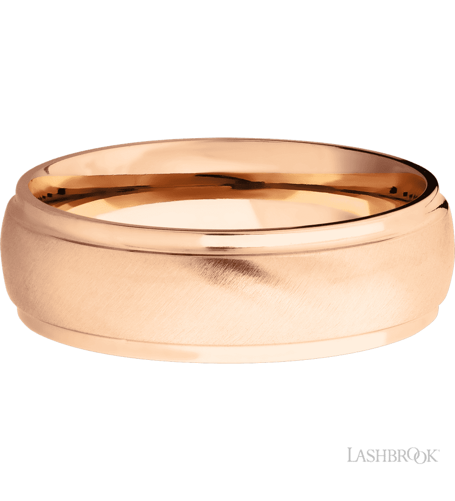 7 mm wide Domed Stepped Down Edges 14K Rose Gold band.