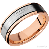 7 mm wide/Flat/14K Rose Gold band with one 4 mm Centered inlay of 14K White Gold.