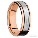 7 mm wide/Flat/14K Rose Gold band with one 4 mm Centered inlay of 14K White Gold.