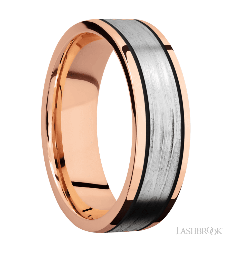 7 mm wide/Flat/14K Rose Gold band with one 4 mm Centered inlay of 14K White Gold.