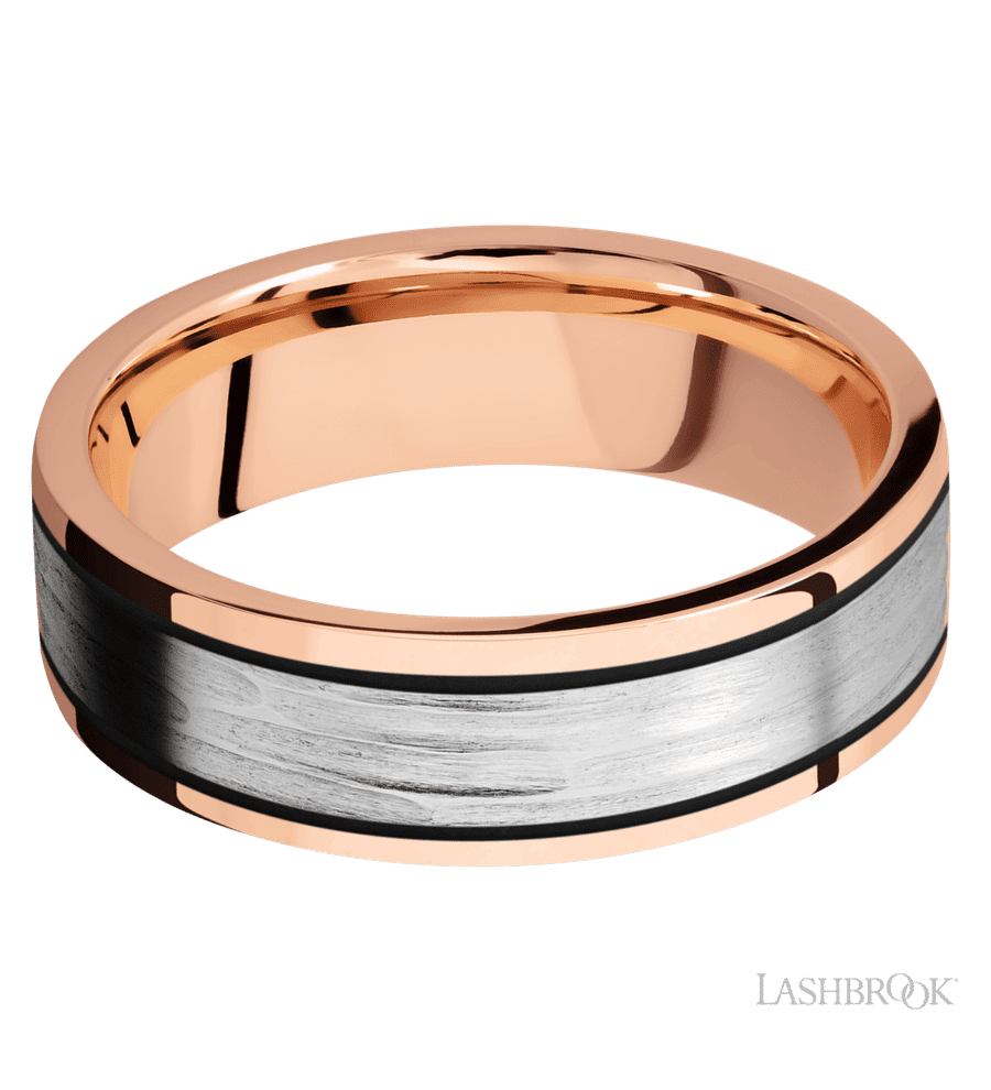 7 mm wide/Flat/14K Rose Gold band with one 4 mm Centered inlay of 14K White Gold.