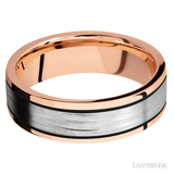 7 mm wide/Flat/14K Rose Gold band with one 4 mm Centered inlay of 14K White Gold.