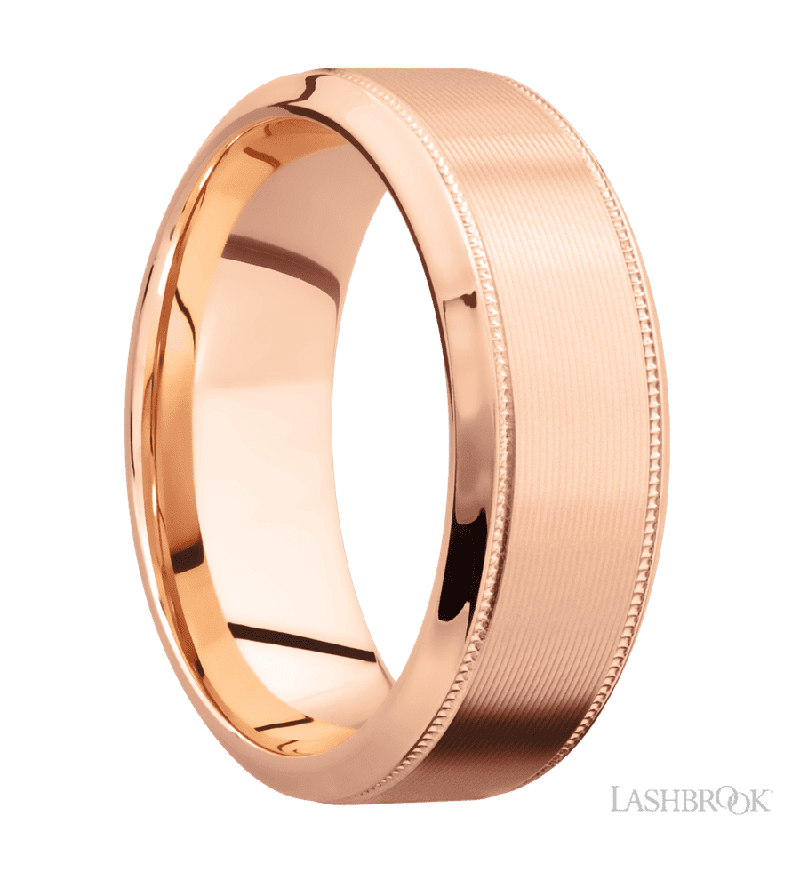 8 mm wide High Bevel Milgrain 14K Rose Gold band.