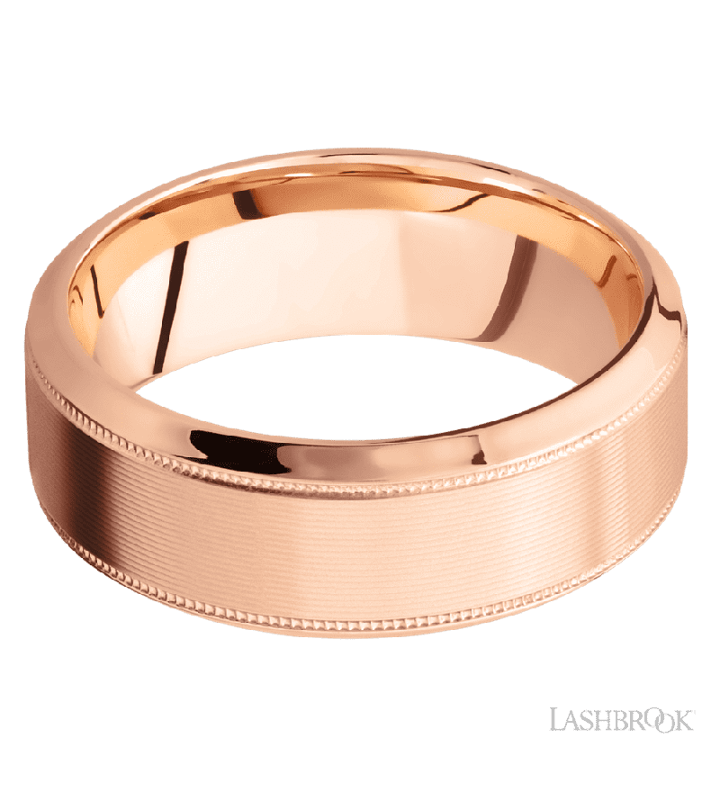 8 mm wide High Bevel Milgrain 14K Rose Gold band.