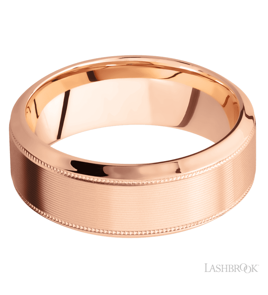 8 mm wide High Bevel Milgrain 14K Rose Gold band.