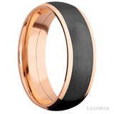 7 mm wide/Domed/14K Rose Gold band with one 5 mm Centered inlay of Zirconium.