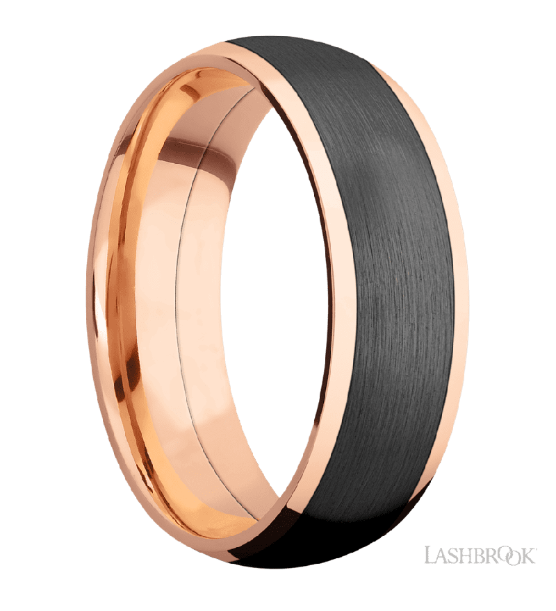 7 mm wide/Domed/14K Rose Gold band with one 5 mm Centered inlay of Zirconium.