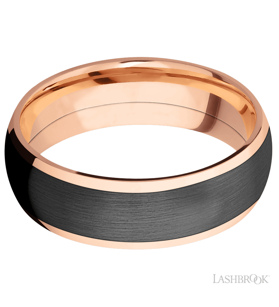 7 mm wide/Domed/14K Rose Gold band with one 5 mm Centered inlay of Zirconium.