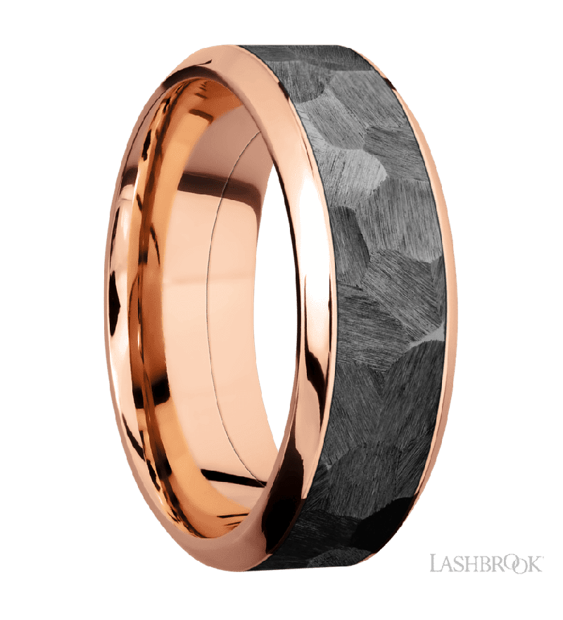 8 mm wide/High Bevel/14K Rose Gold band with one 5 mm Centered inlay of Zirconium.
