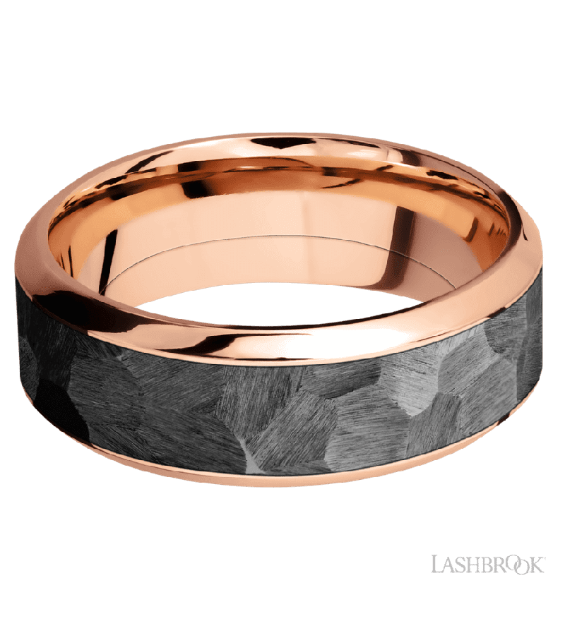 8 mm wide/High Bevel/14K Rose Gold band with one 5 mm Centered inlay of Zirconium.