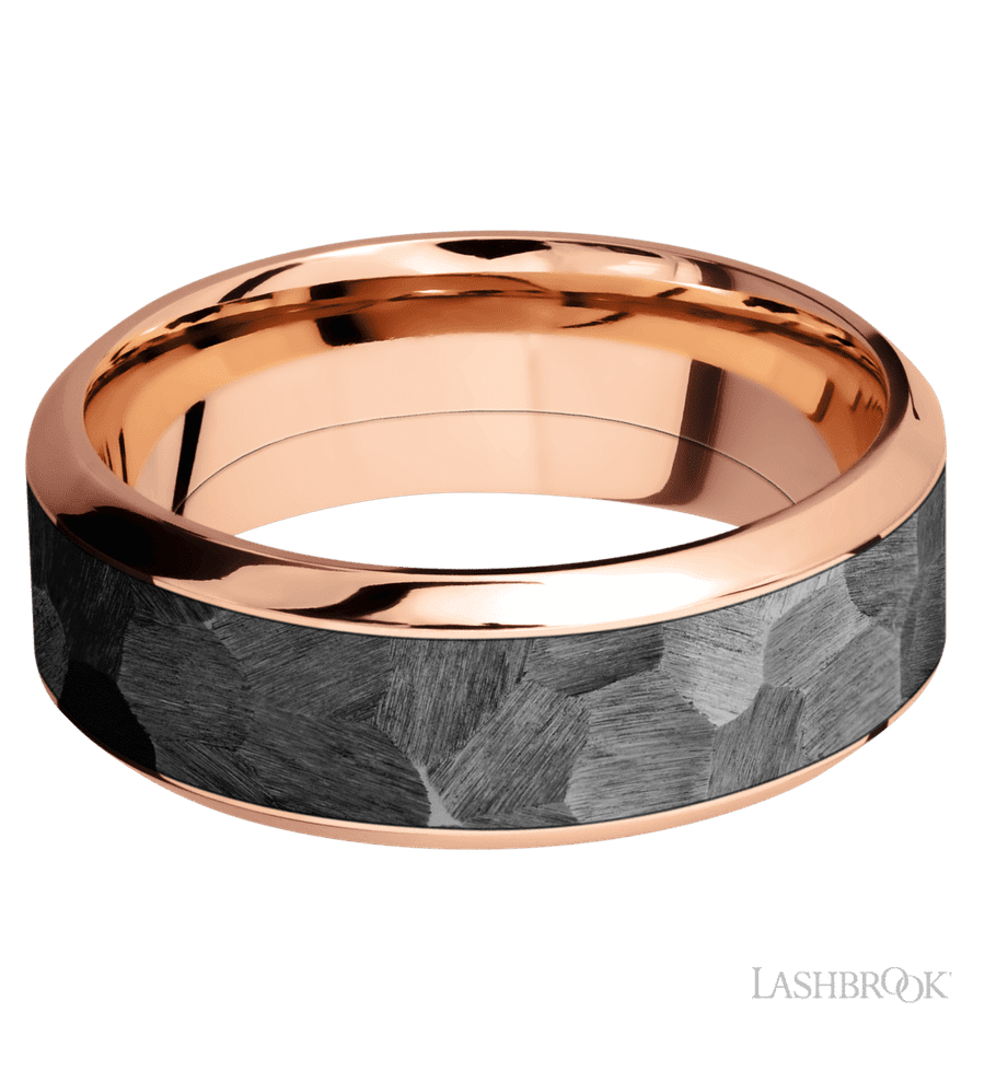8 mm wide/High Bevel/14K Rose Gold band with one 5 mm Centered inlay of Zirconium.