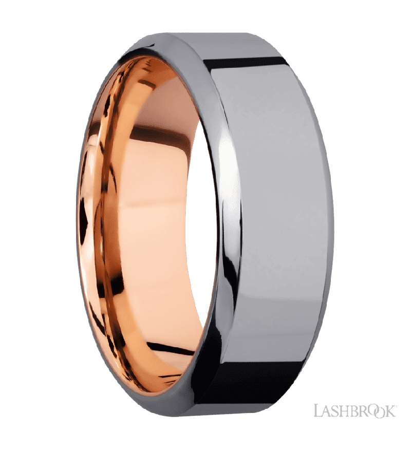 8 mm wide High Bevel Tantalum band featuring a 14K Rose Gold sleeve.