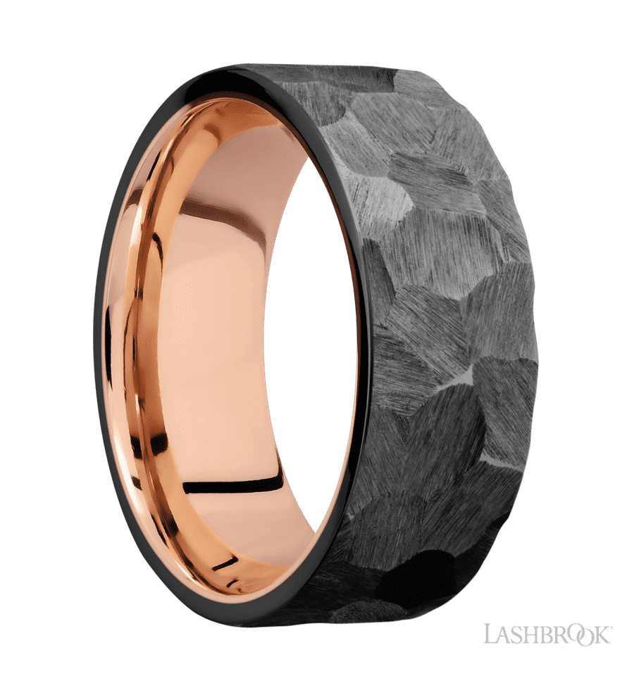 8 mm wide Flat Zirconium band featuring a 14K Rose Gold sleeve.