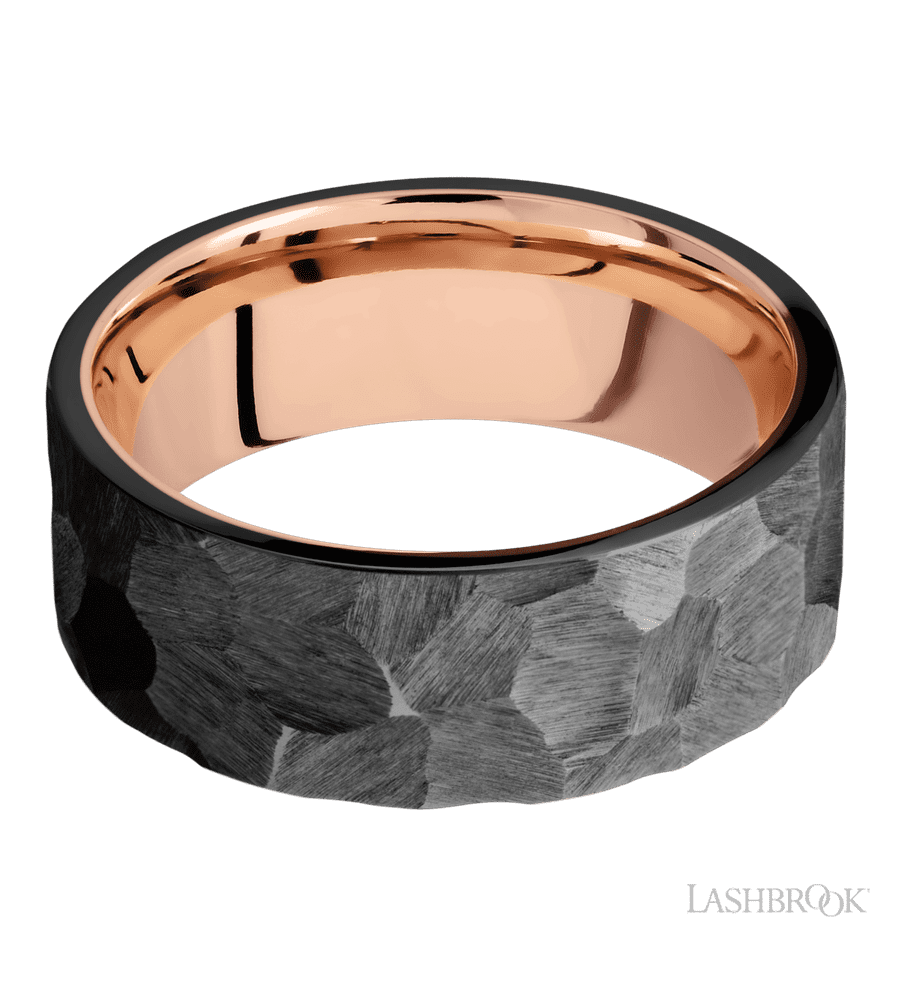 8 mm wide Flat Zirconium band featuring a 14K Rose Gold sleeve.