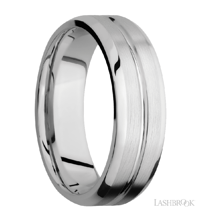 7 mm wide Beveled with Center Accent Groove 14K White Gold band.