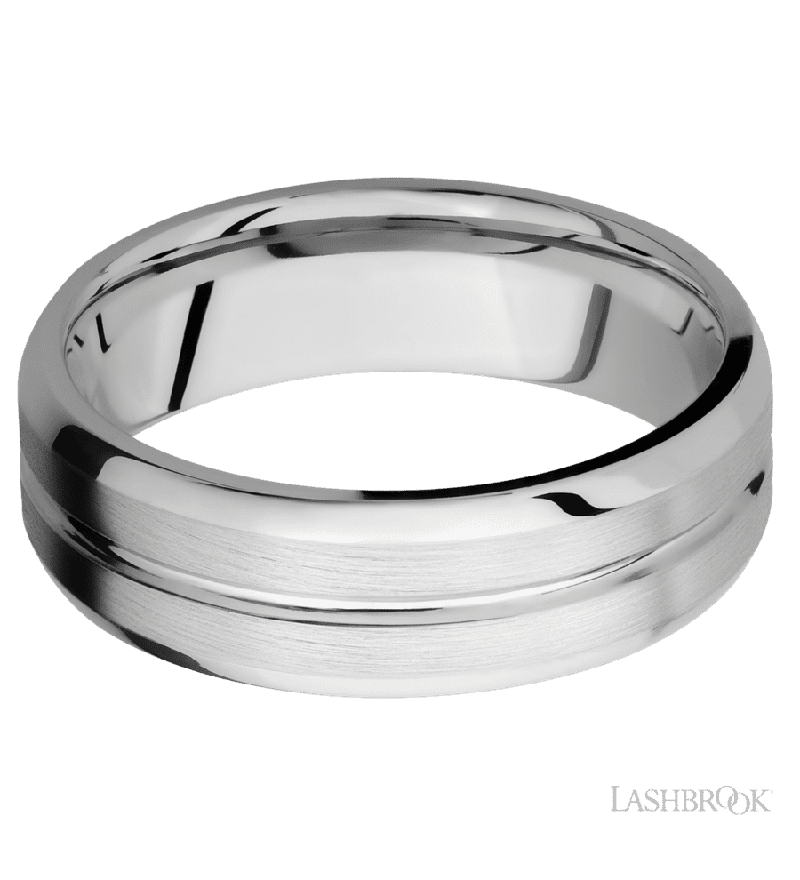 7 mm wide Beveled with Center Accent Groove 14K White Gold band.