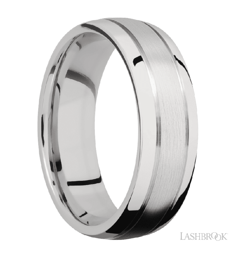 7 mm wide Domed with two accent grooves 14K White Gold band.