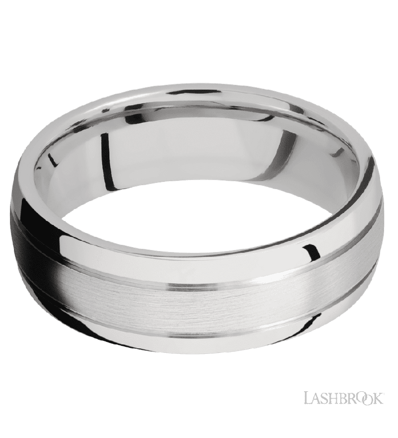 7 mm wide Domed with two accent grooves 14K White Gold band.