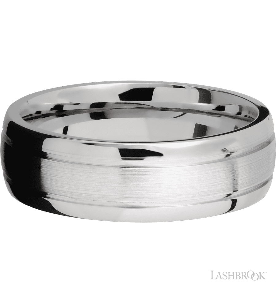 7 mm wide Domed with two accent grooves 14K White Gold band.