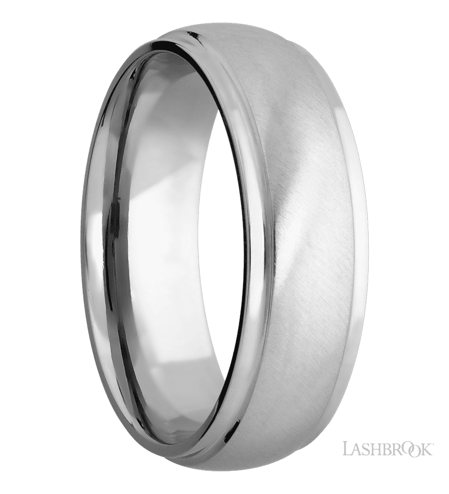 7 mm wide Domed Stepped Down Edges 14K White Gold band.