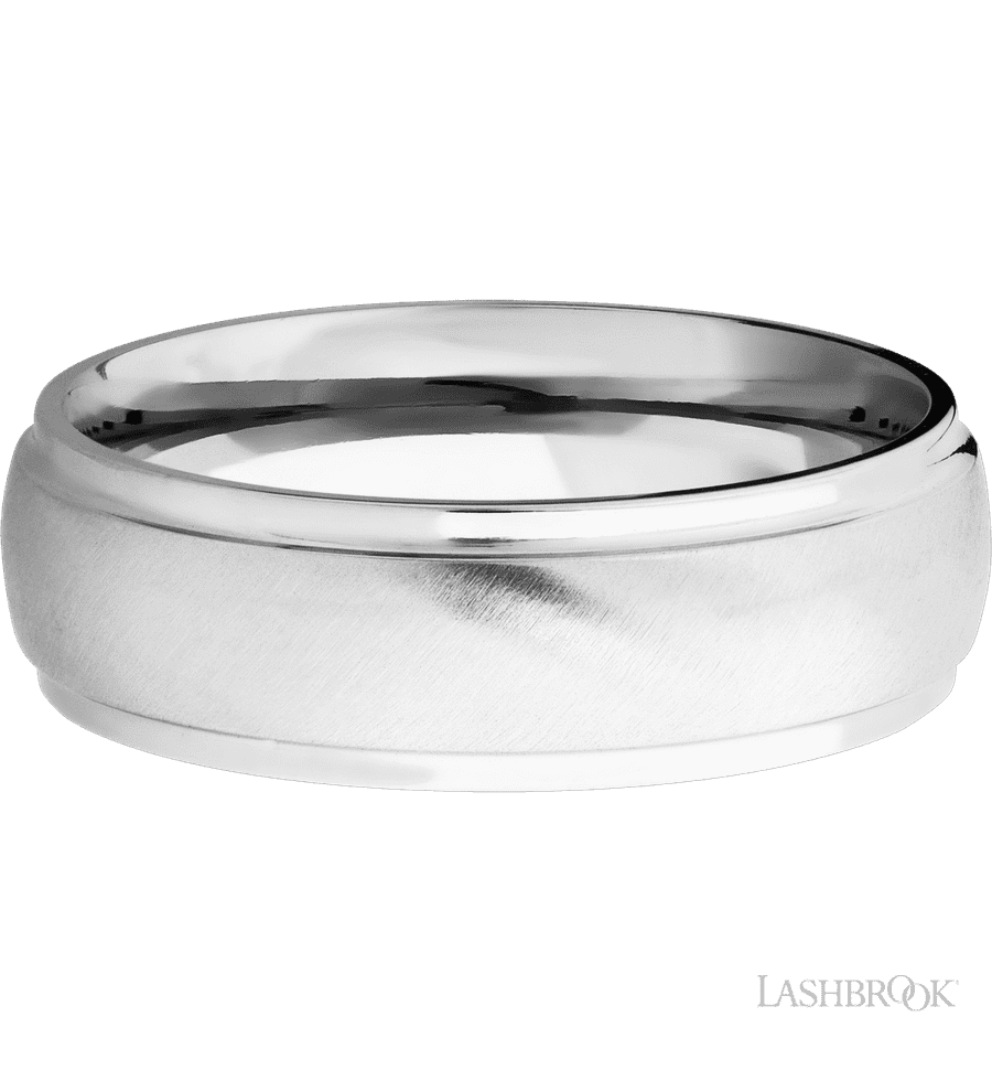 7 mm wide Domed Stepped Down Edges 14K White Gold band.