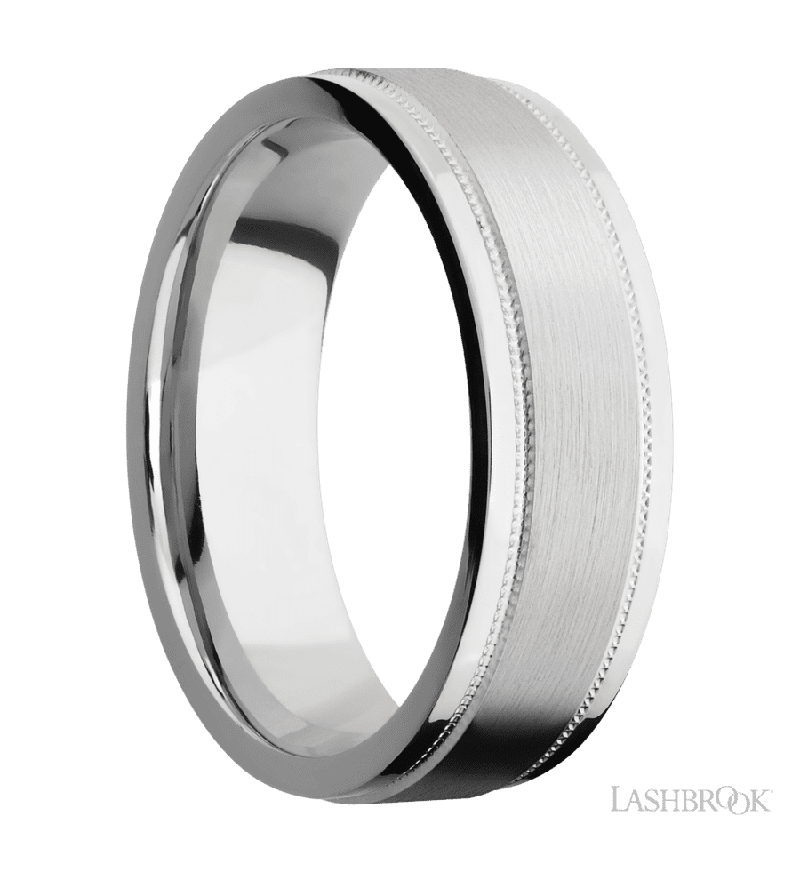 7 mm wide Flat Stepped Edges Milgrain 14K White Gold band.