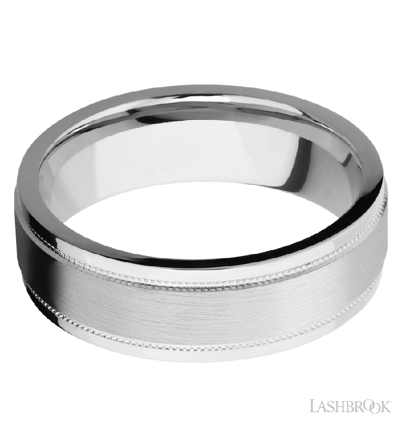 7 mm wide Flat Stepped Edges Milgrain 14K White Gold band.