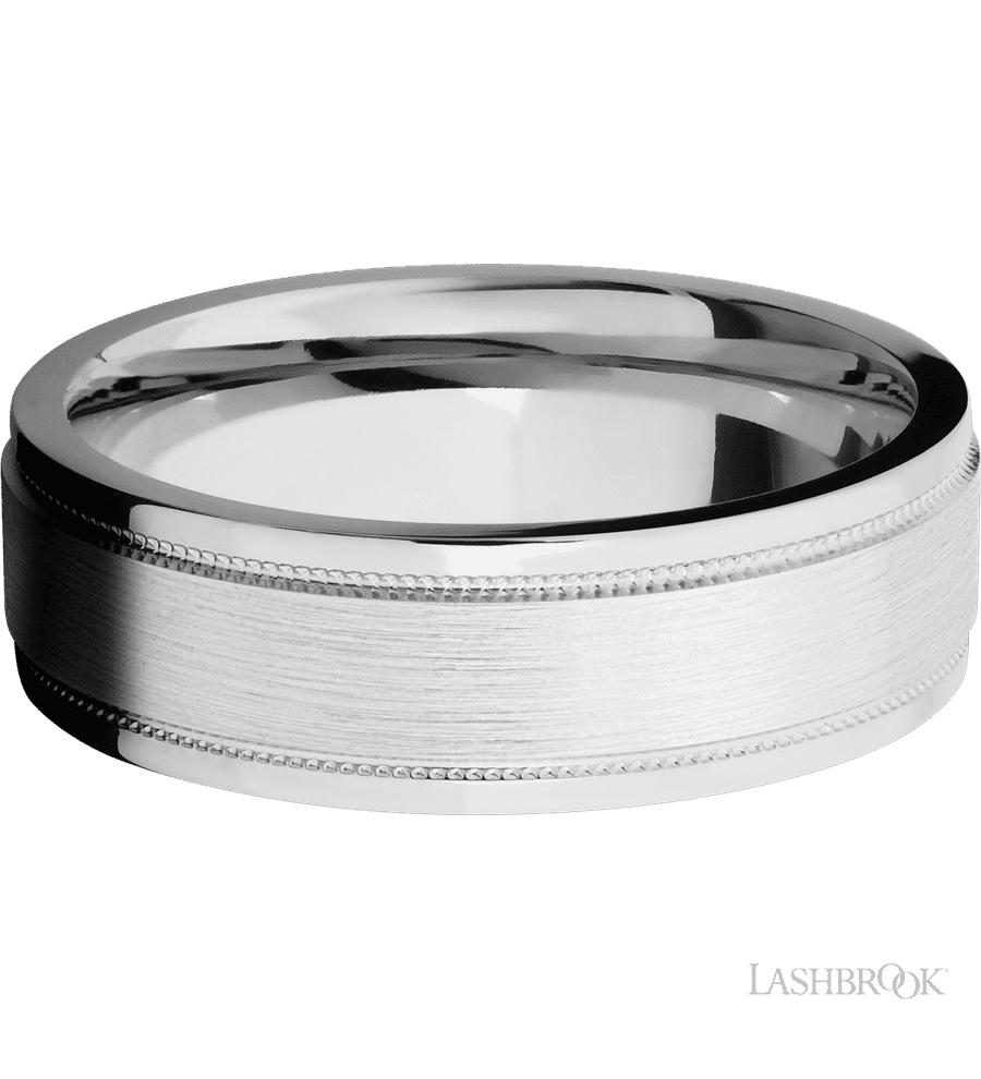 7 mm wide Flat Stepped Edges Milgrain 14K White Gold band.