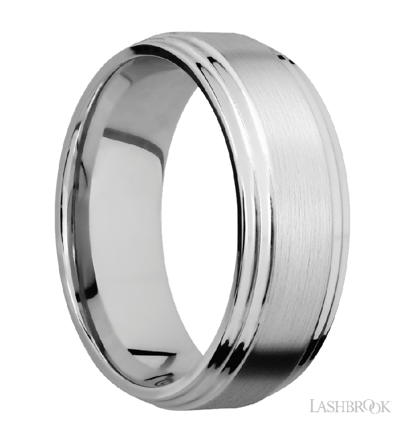 8 mm wide Flat Double Stepped Edges 14K White Gold band.