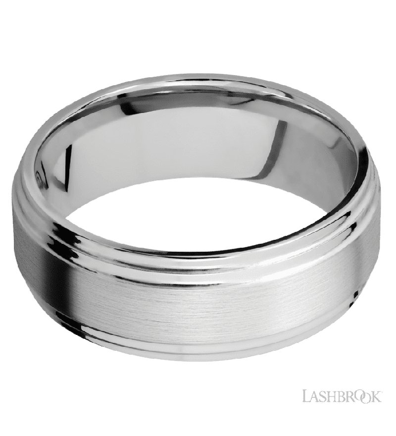 8 mm wide Flat Double Stepped Edges 14K White Gold band.