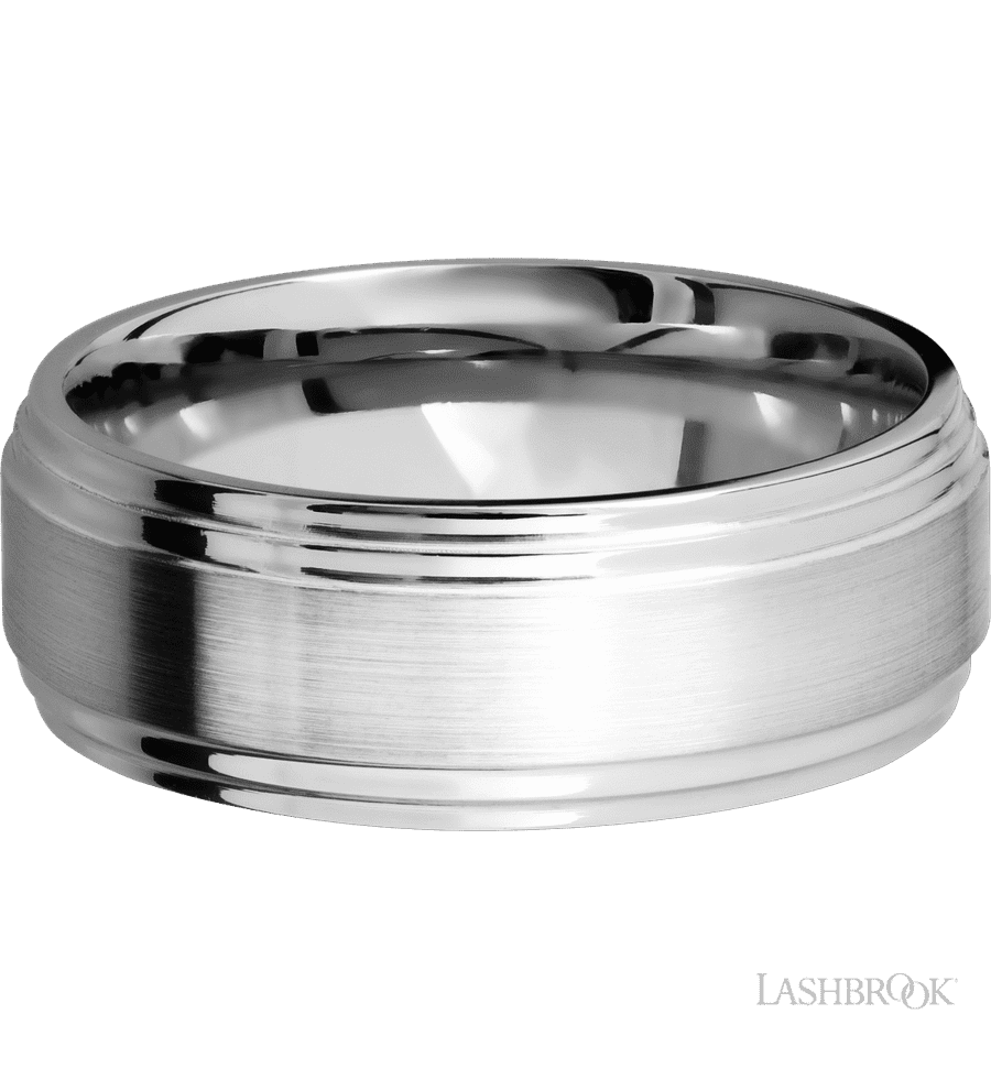 8 mm wide Flat Double Stepped Edges 14K White Gold band.